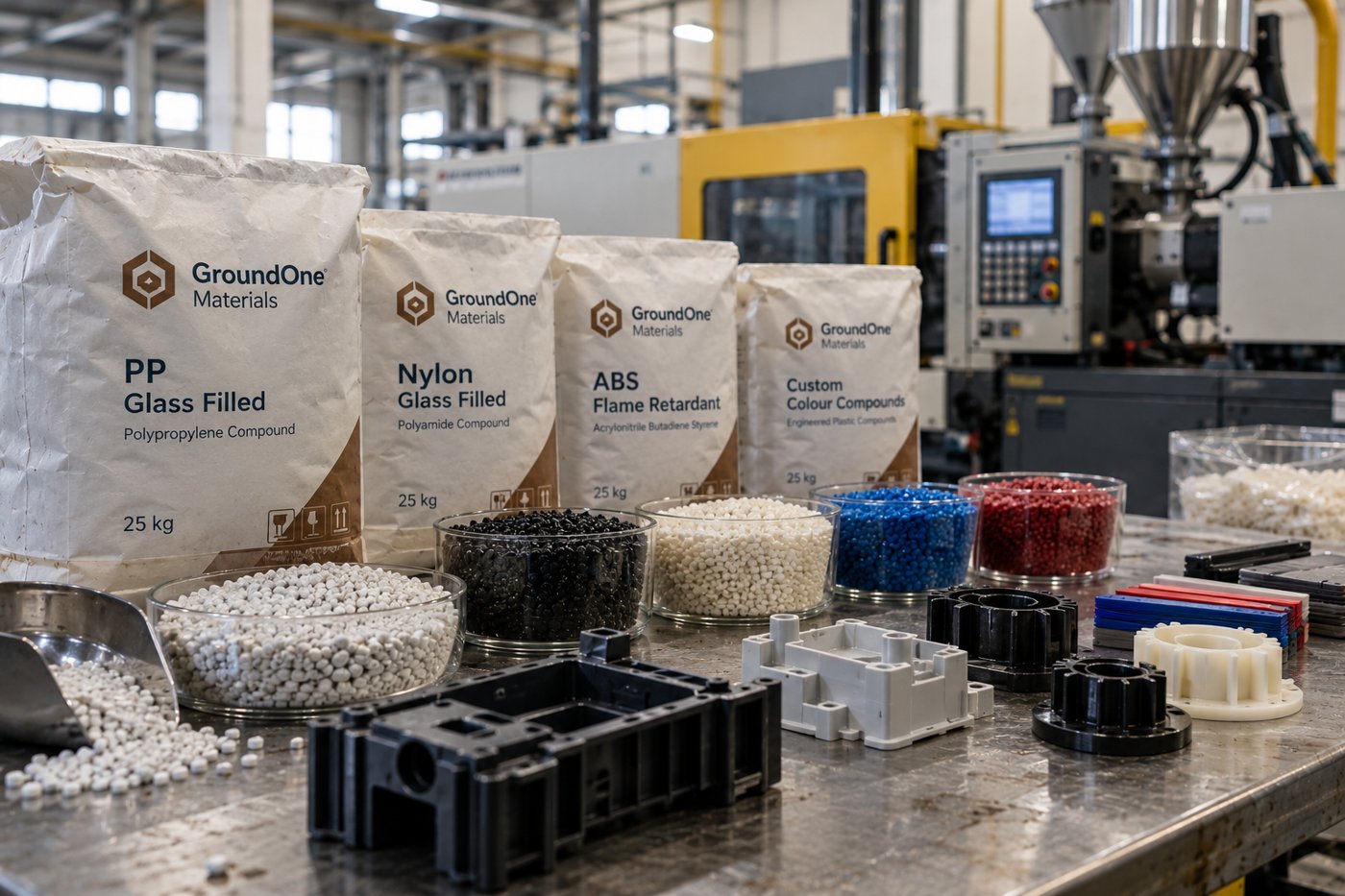 Range of engineering plastic compounds: PP glass filled, Nylon glass filled, ABS flame retardant and custom colour compounds